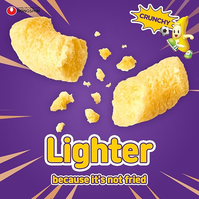 Nongshim Banana Kick Puff Snack - Crispy Corn Puff with Banana Flavor, Soft and Sweet Fruit Snack for All Ages, K-Pop Favorite Korean Treat, 1.58 oz (Pack of 20)