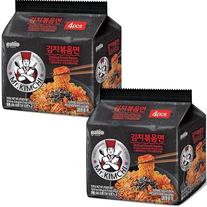 Paldo Fun & Yum Mr. Kimchi Ramen Stir Fried Instant Noodles, Stir-fried Kimchi Flavored, Soupless Original Korean Ramyun, Spicy Ramen Challenge, 미스터 김치 김치볶음면 134g (4.72 oz) x 8 Pack