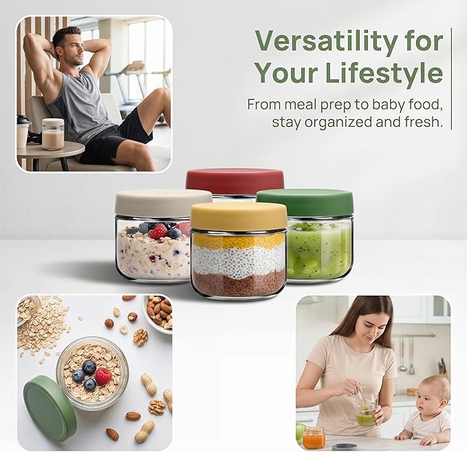 EONJOE 10 oz Glass Jars with Lids Meal Prep Portion Control Containers Pudding Yogurt Overnight Oats Salad Snack Cereal Candy Food Storage Cups Bowls Airtight