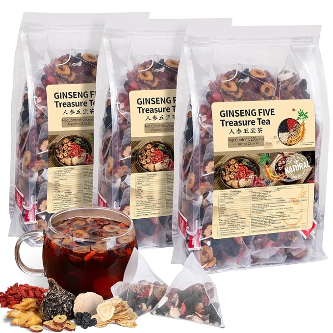 Ginseng Five Treasures Kidney Tea, Traditional Chinese Herbal TeaBags, Natural Kidney Cleanse Detox Tea for Women & Men, 7 Precious Ingredients Formula (3 Pack/75 Bags)