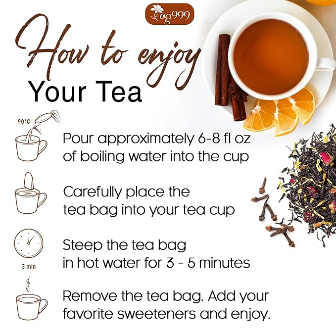 TOG999, 60 Tea Bags – Special Blend of Cinnamon, Black Tea, Orange Peel and Cloves, 100% Natural Ingredients, Hand-made Blend Herbal Tea. Eco-conscious Tea Bags. No Sugar, No Caffeine, No Gluten, Vegan.