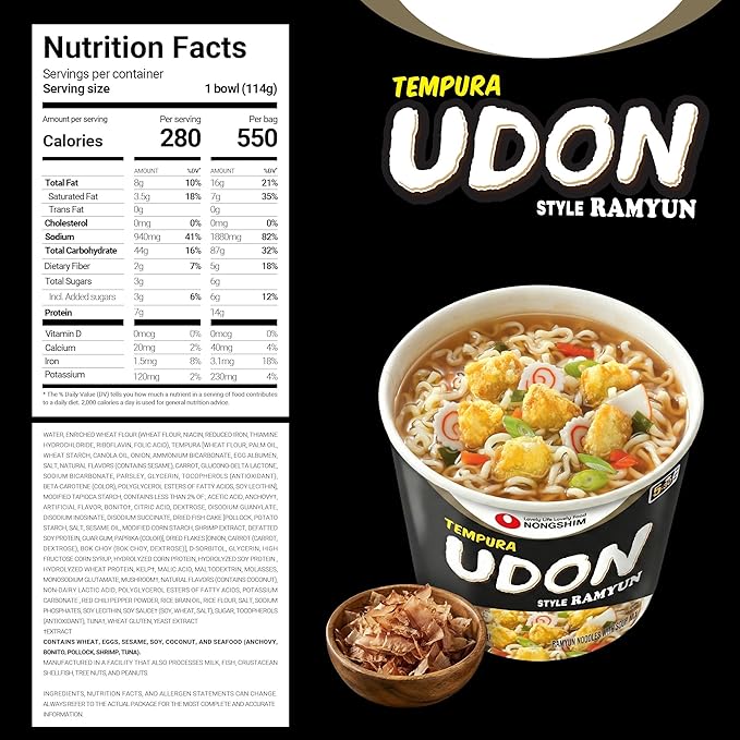 Nongshim Tempura Udon Style Noodle Soup Big Bowl, Deep & Rich Umami Flavor, Savory Broth, Microwavable, Chewy Noodles, 4.02 oz (Pack of 12)