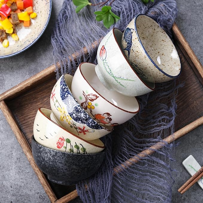 6 Pack Retro Ceramic Bowls, 4.5 Inch Japanese Rice Bowl, 10 Oz Small Soup Serving Set Hand-painted Cereal Holder for Salad, Dessert, Ice Cream, Noodles, Dishwasher Microwave Safe
