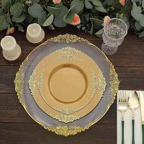 Efavormart 10 Pack | 10" All-Gold Baroque Dinner Plates, Leaf Embossed Metallic Rim Heavy Duty Serving Plates for Prestigious Ballroom Events