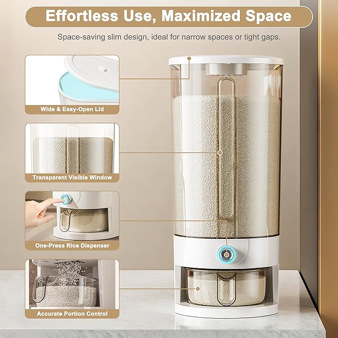 Rice Storage Container with Measuring Cup, Food Grain Dispenser for Dry Goods, Multi-Purpose Kitchen Pantry Storage Box (Transparent-20 pounds)