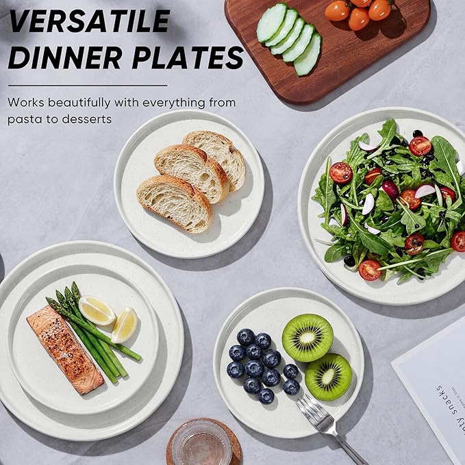 E-far 7.9 Inch Ceramic Dinner Plates, 6-Piece Stoneware Salad Plates with Raised Edges, Chip & Scratch Resistant | Microwave & Dishwasher Safe Dessert Dishes for Appetizer Salad, Speckled White
