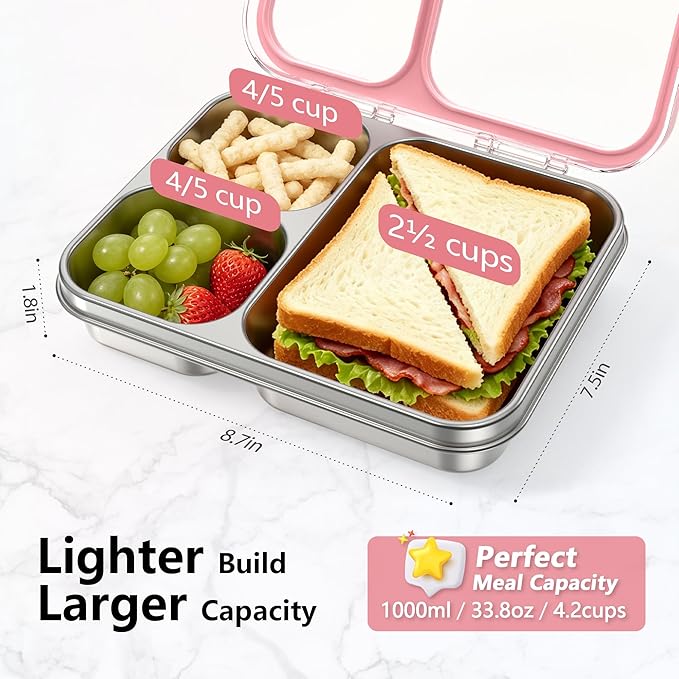 HOMEKOL Stainless Steel Bento Lunch Box, 3-Compartment Leak-Proof Metal Lunch Container for Kids & Adults, BPA-Free, Dishwasher Safe, Clear Tritan Lid, 4.2Cups/1000ml Pink (Not Insulated)