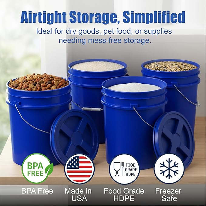 ePackageSupply 5 Gallon Bucket - Food Grade Bucket with Airtight Gamma Seal Screw-On Lid, BPA-Free, Heavy-Duty 90 Mil HDPE Plastic, Bulk Storage, Durable Container, Made in USA, Blue/Blue, 3 Packs