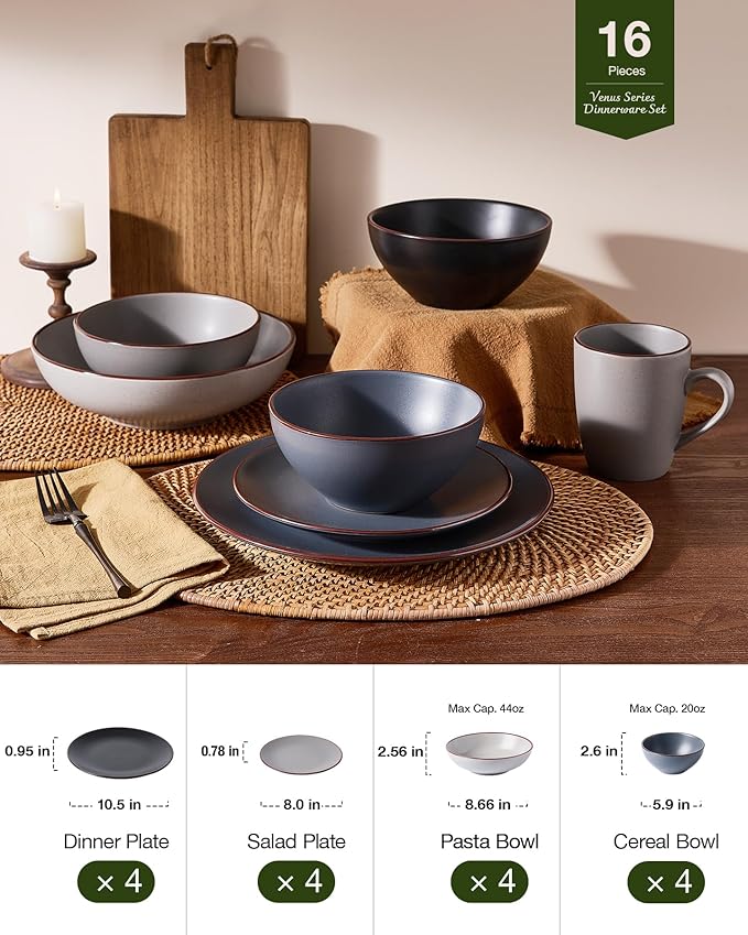 Famiware Venus Stoneware Dinnerware Set with Pasta Bowls for 4, 16-Piece Speckled Plates and Bowls with Trim, Matte Multicolor - Chip‑Resistant Dish Set for Everyday/Formal, Microwave/Dishwasher Safe