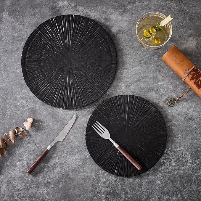 Round Flat Ceramic Serving Plate and Dinner Plate, 2 Pieces Set, 12" & 10" Plates, Elevate Dining Experience (Black, Ray 12" & 10")