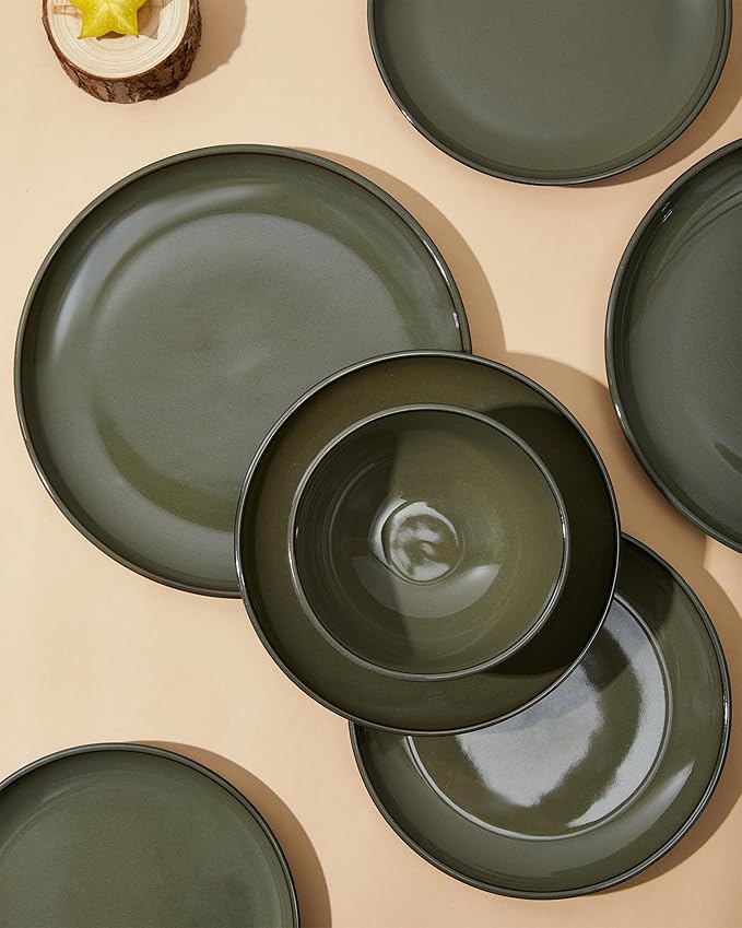 Pokini 24 Piece Dinnerware Set for 8, Santorini Mist Terracotta Plates and Bowls Sets, Complete Stoneware Dish Set for Large Families and Entertaining, Microwave & Dishwasher Safe, Blackish Green