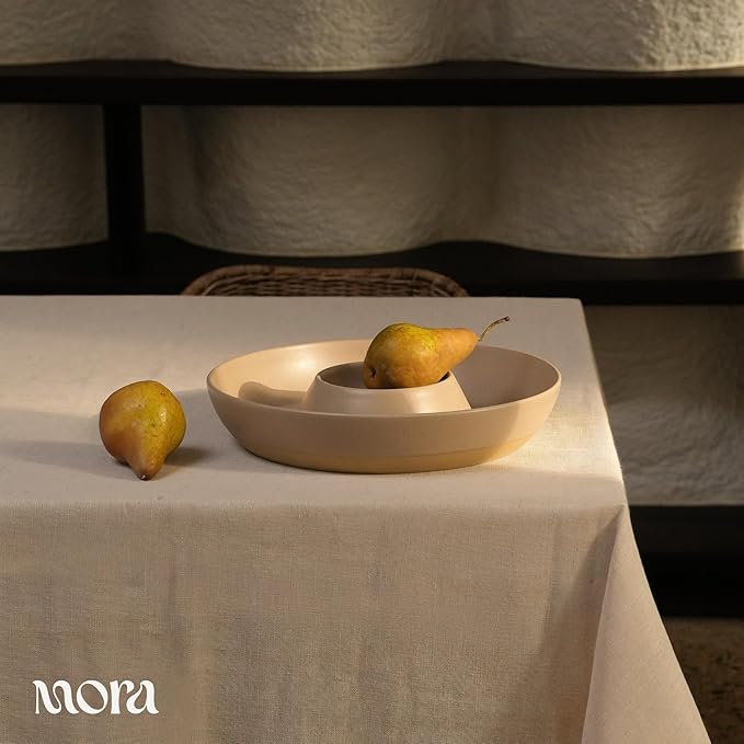 MORA Ceramic Chips and Dip Serving Tray: Large Divided Party Bowl Set for Chips & Salsa, Veggies & Dip, Fruit, Snacks, Entertaining, Hosting, etc. Minimalist Design for the Modern Hostess - Mushroom