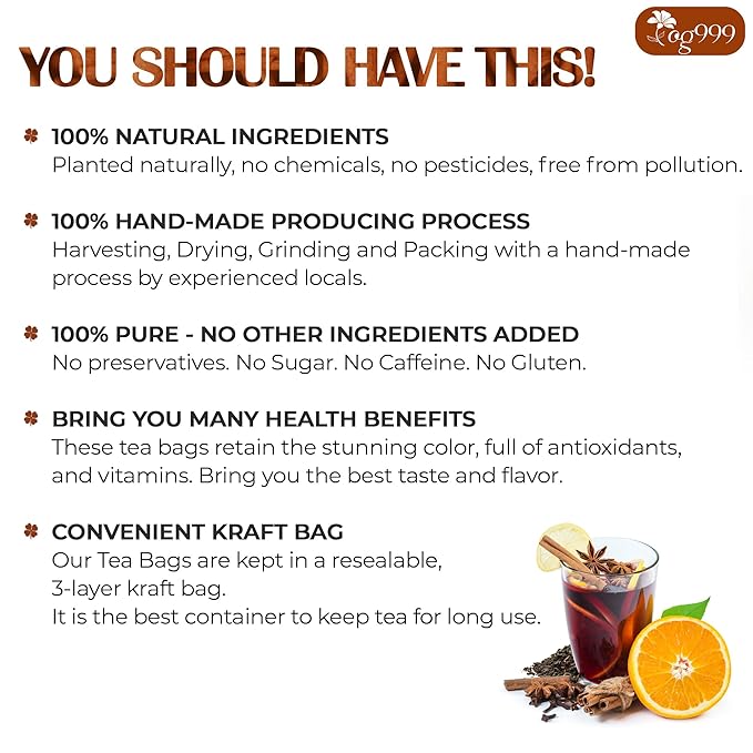 TOG999, 60 Tea Bags – Special Blend of Cinnamon, Black Tea, Orange Peel and Cloves, 100% Natural Ingredients, Hand-made Blend Herbal Tea. Eco-conscious Tea Bags. No Sugar, No Caffeine, No Gluten, Vegan.
