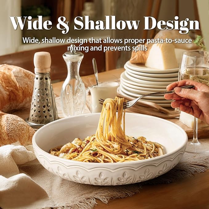 Artena Pasta Bowls, 50oz Large Salad Serving Bowls, 9.75'' Plates Bowls Set of 4, Big White Ceramic Soup Bowls for Kitchen, Embossment Shallow Dinner Bowl, Microwave Dishwasher Safe, Wheat Leaf