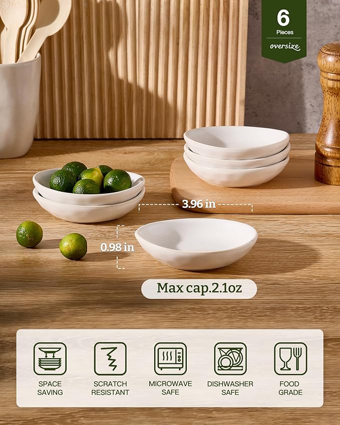 famiware Ocean Soy Sauce Dishes of 6, Oval Dipping Sauce Cups/Bowls for Kitchen, 2.1oz Ceramic Small Bowls for Side Dish, Appetizers, Snacks, and Sushi, Reactive Glaze, Dishwasher Safe, Matte White
