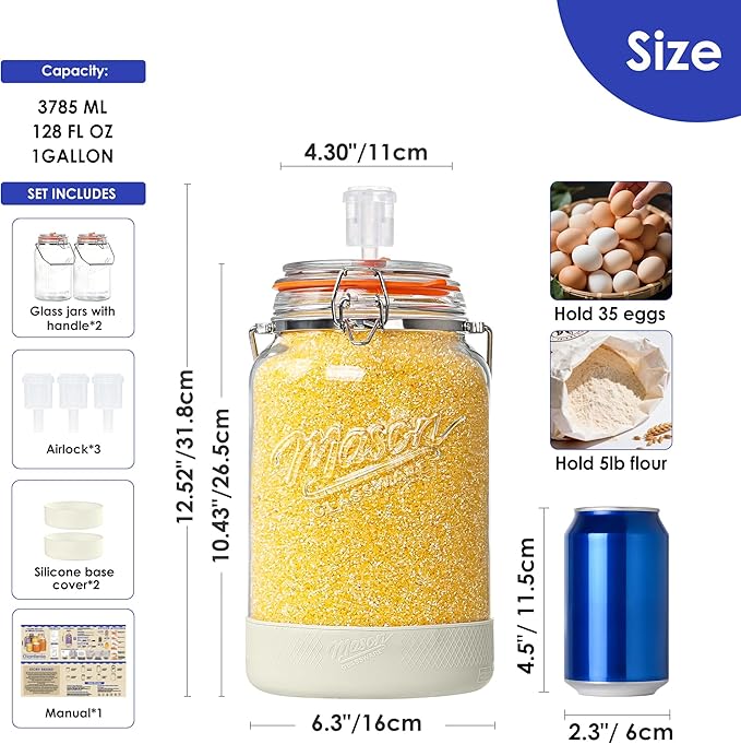 Upgrade 1 Gallon Fermentation Jars with Airlocks - Wide Mouth Glass Jars with Airtight Lid for Sauerkraut Mead Sourdough Starter Pickle, Fermenting Jar with Handle & Non-Slip Silicone Base, 2 Pack