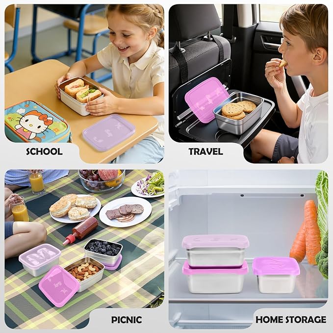 Tanjiae 3-Pack Stainless Steel Snack Containers for Kids & Toddlers - 550ml (18oz) Leakproof Colorful Lids with Cute Dinosaurs | LFGB Certified, Stackable Metal Lunch Box for Daycare, School, Travel