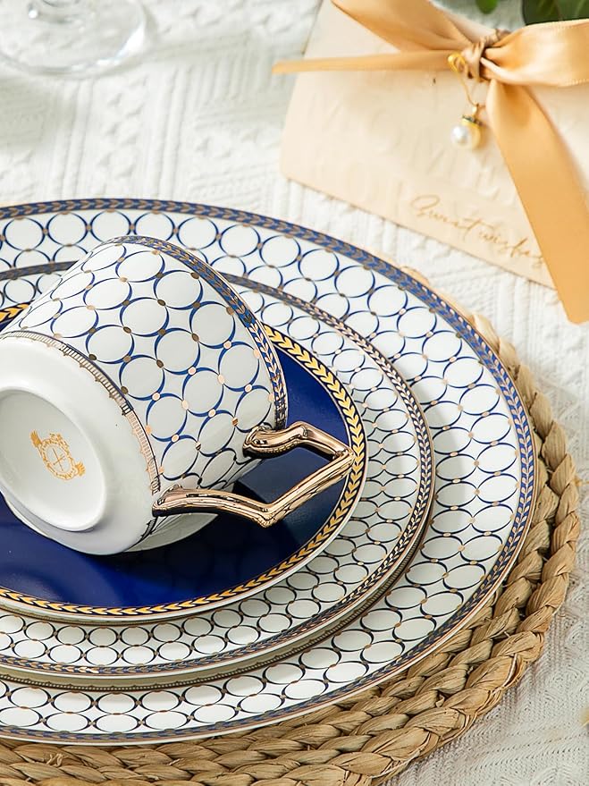 CwlwGO-Bone China Dinner Plates Set of 4, Lace Dishes Set for Salad, Pasta, Dessert, Dinnerware Dishset for Kitchen, Not Suitable for Microwave (8 Inch)