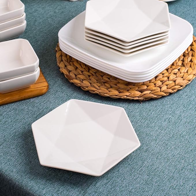 DELLING 7 Inch Appetizer Plates Set of 6, Porcelain Small Dessert Plates, White Ceramic Salad Plates for Snacks Bread Cheese Fruit, Microwave Dishwasher Oven Safe, Geometric Design