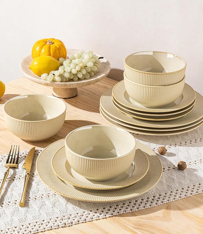 TheTerra Stoneware Dinnerware Sets for 6, 18 Pieces Ceramic Plates and Bowls Sets, Scratch Resistant Embossed Dish Set, Oven, Microwave & Dishwasher Safe, Cappuccino