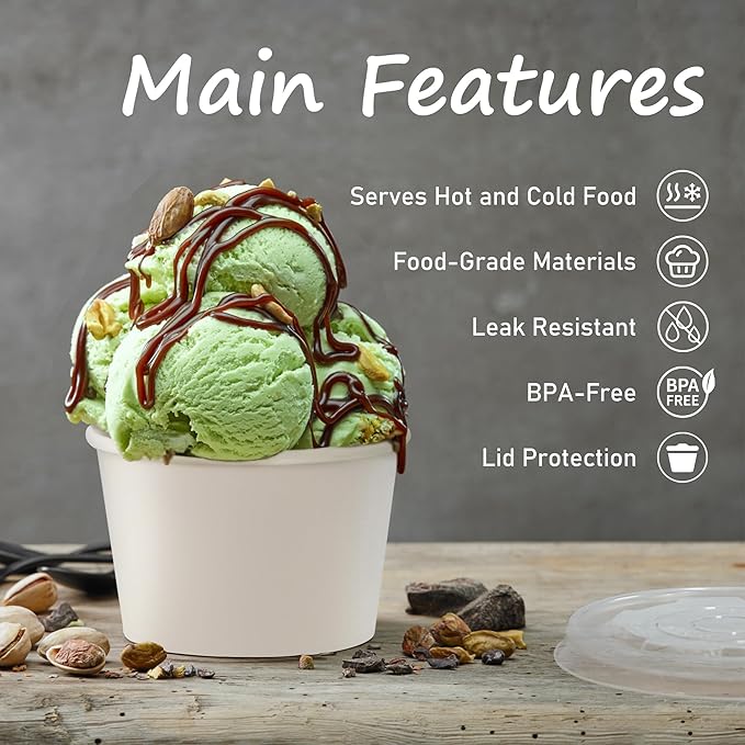 ESSENTIAL Paper Ice Cream Cups with Lids, 120pcs 8oz Disposable Dessert Bowls with Lids for Hot or Cold Food, Paper Snack Containers for Sundae, Frozen Yogurt, Soup (White)