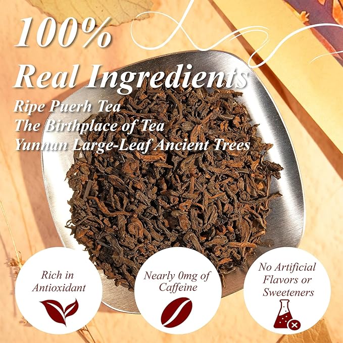 WT WEETEE Decaf Puerh Tea Loose Leaf, 110+ Cups Made of CO2-Decaffeinated Ripe Pu-erh Tea Leaves, Smooth & Sweet | Fermented Dark Tea