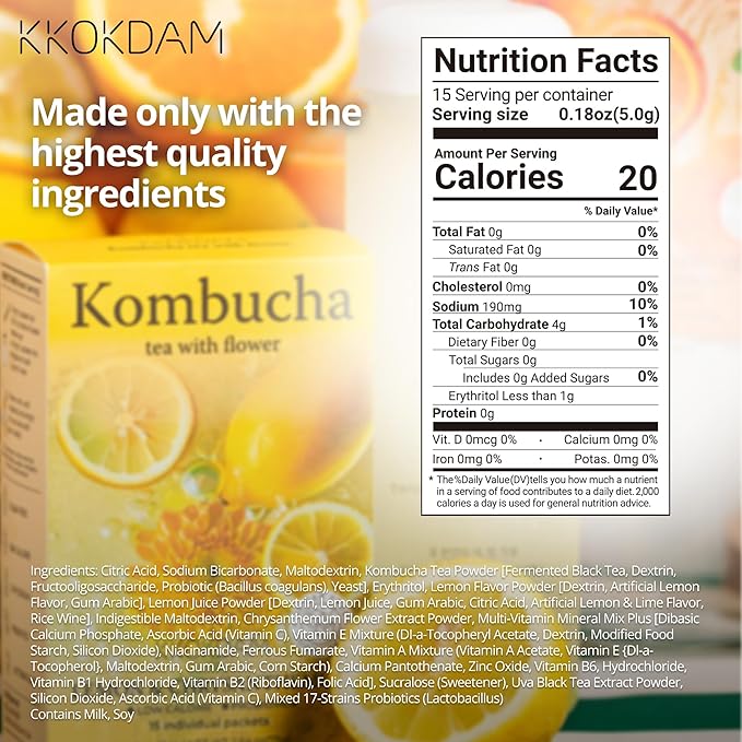 KKOKDAM Kombucha Tea - Lemon & Chrysanthemum Korean Tea - Kombucha Drinks Probiotic Support, Low Calorie, Sugar Free Drink Pack - 15 Kombucha Drink Packs