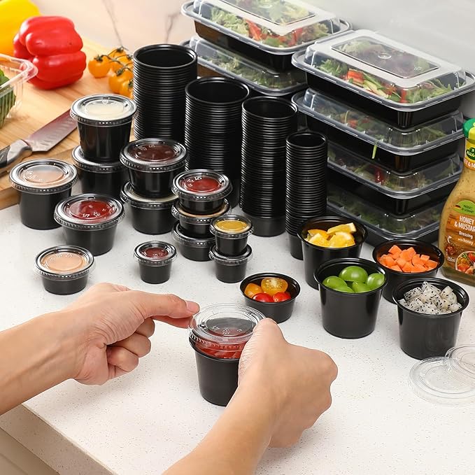 AOZITA 120-5.5 oz Black Portion Cups, Small Plastic Containers with Lids, Airtight and Stackable Souffle Cups, Salad Dressing Container, Sauce Cups, Condiment Cups for Lunch, Party to Go, Trips