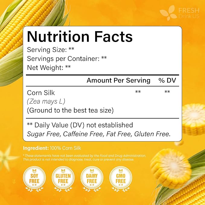 FreshDrinkUS, Premium 25 Tea Bags Corn Silk Tea, 100% Natural & Pure from Corn Silk. Herbal Tea. Clean Ingredients. Made with Natural Material Tea Bags. No Sugar, No Caffeine, Vegan.