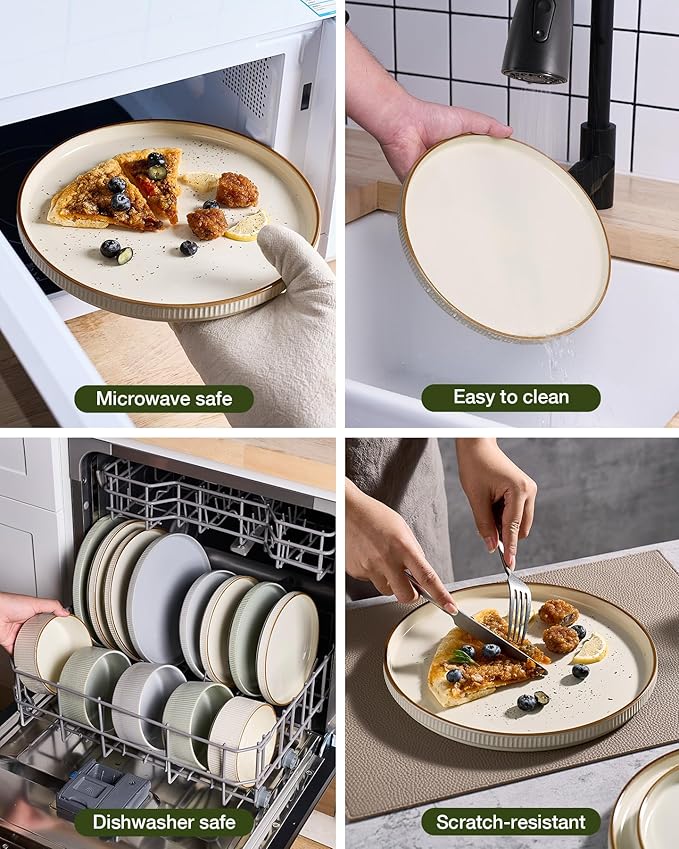 Famiware Star 12-Piece Stoneware Dinnerware Sets with Trim, Service for 4, Ceramic Plates and Bowls Set, Modern Rustic Dishes, Everyday/Formal, Chip/Scratch Resistant, Microwave/Dishwasher Safe, Cream