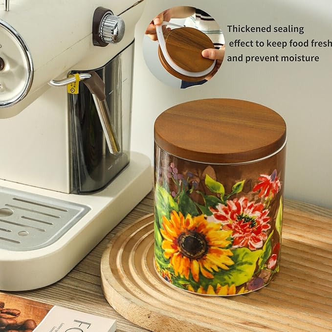 Oil painting Sunflower Food Storage Jar Strong Ceramic Storage Canisters with Airtight Seal Bamboo Lid Modern Design Seal Damp-Proof Kitchen Jar for Coffee, Tea,coffee