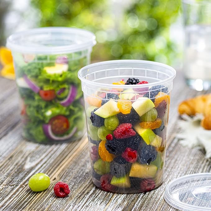 Elegant Disposables 32 OZ - 24 Sets Plastic Deli Food Storage Containers with Airtight Flexible Lids Microwavable, Leak Free, Washable, Freezer Safe.