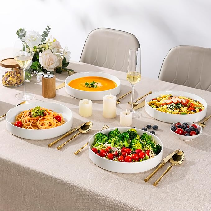LERATIO Large Pasta Bowls,38oz Ceramic Pasta Bowls,9.25" Reactive Glaze Pasta Bowl Set of 4,Microwave & Dishwasher,Oven Safe,Wide Serving Bowls for Salad,Pasta,Fruit,Scratch Resistan -White