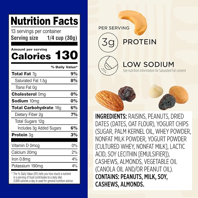 Snak Club Yogurt Trail Mix with Raisins, Peanuts, Dried Dates, Yogurt Chips, Cashews, and Almonds, Gluten-Free and Kosher Snack, 14 oz Resealable Bag