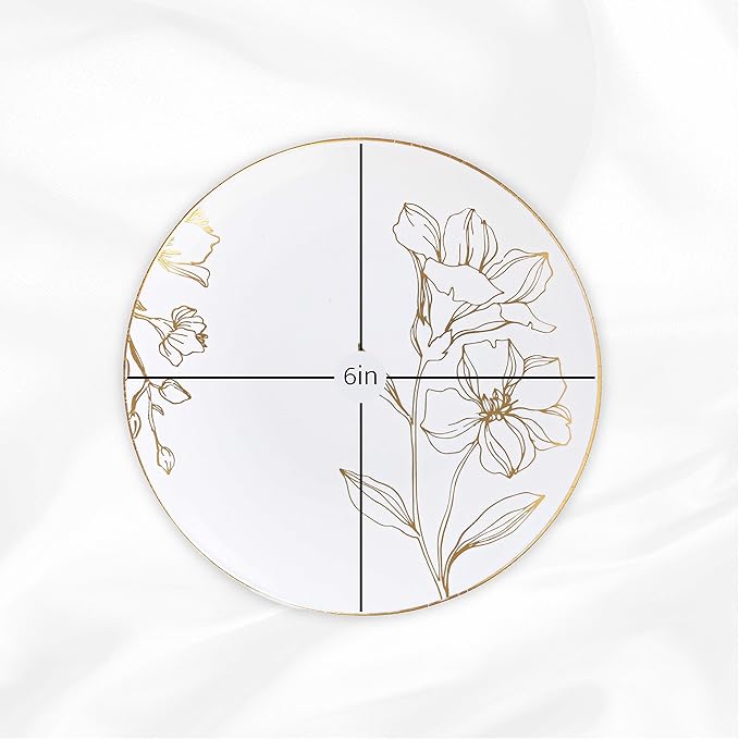 [6'' Plates 40 Count] White Plastic Floral Design Party Plates With Gold Rim Premium heavyweight Elegant Disposable Tableware Dishes