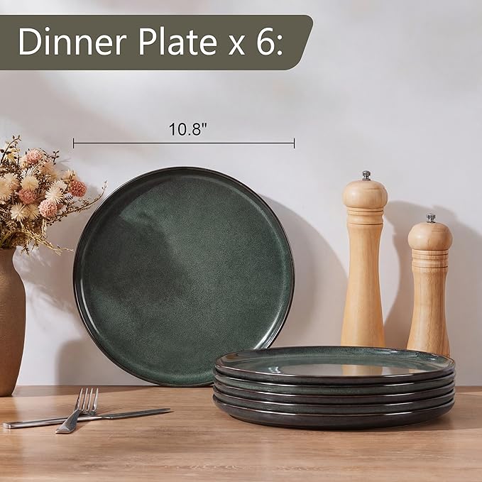 Herogo Ceramic 10.43 Inch Dinner Plates Set of 6, Stoneware Dinner Plate Set, Double Reactive Glaze Large Dinnerware Plates for Kitchen, Microwave, Oven & Dishwasher Safe, Dark Green