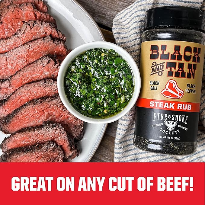 Fire & Smoke Society Black & Tan Steak Seasoning | XL 13.6 oz | Steak Rub for Smoking and Grilling Meat | Steaks, Brisket, Burgers Dry BBQ Rubs and Spices