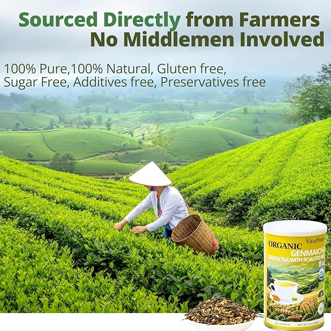 8oz Organic Genmaicha Green Tea with Roasted Rice, Genmaicha Tea Loose Leaf, Roasted Green Tea, Brown Rice Tea, Smooth Nutty Flavor