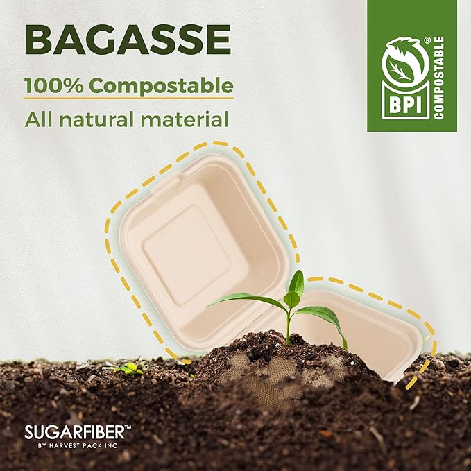 Harvest Pack [50 Pack] 8x8" Extra Thick Compostable Clamshell Take Out Food Containers - PFAS Free Heavy-Duty Disposable Sugarcane Bagasse Boxes - Eco-Friendly To-Go Containers for Food, 1-Compartment