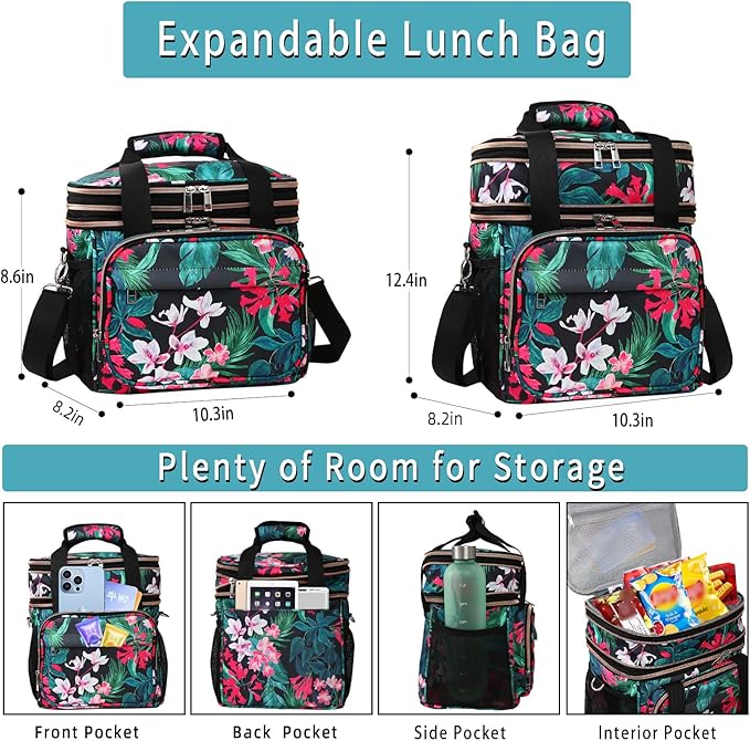 GLENKEY Tactical Lunch Box Cooler Bag - Expandable Insulated Lunch Bag for Men Women - Large Lunchbox for Adults Work Shifts Outdoor Trips Floral 16L