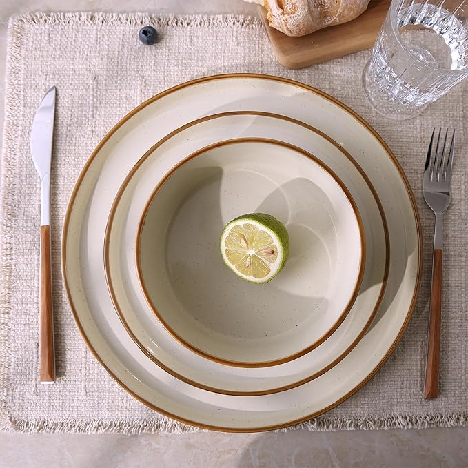 Famiware Nebula Plates and Bowls Sets, 24 Pieces Stoneware Dinnerware Sets, Microwave and Dishwasher Safe Dish Set, Dishware Sets for 8, Vanilla White with Brown Rim
