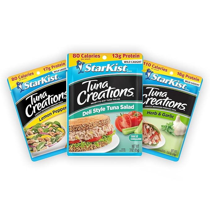 StarKist Tuna Creations Variety Pack, 3-Pack Trial (Tuna Salad, Lemon Pepper, Herb & Garlic), Ready-to-Eat Tuna Pouches, 13g–18g Protein, On-the-Go Snack or Meal