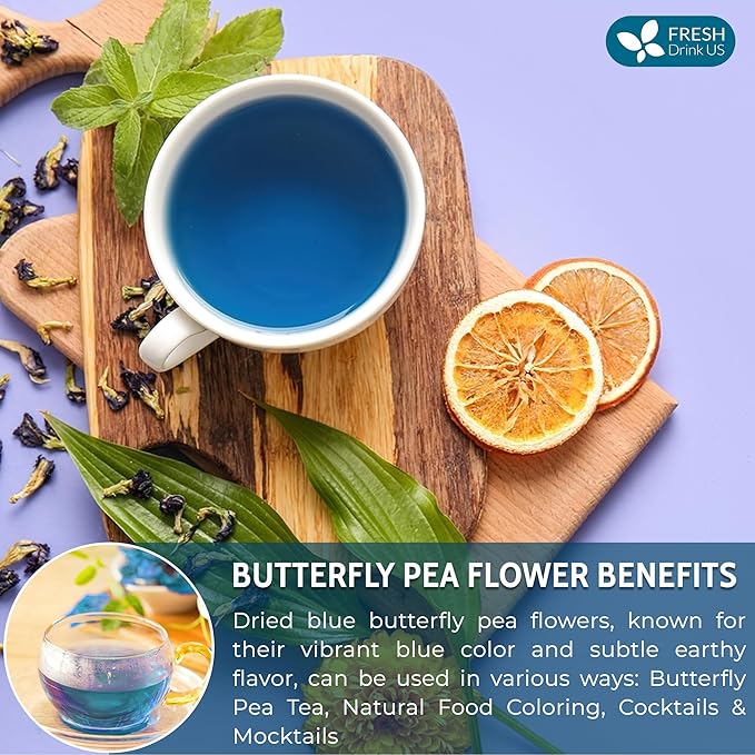 FreshDrinkUS, Premium 8oz Butterfly Pea Flowers, 100% Natural & Pure from Whole Butterfly Pea Flowers Leaves, Wildcrafted, Blue Butterfly Pea Flowers Loose Leaf Herbal Tea, No Gluten, Vegan