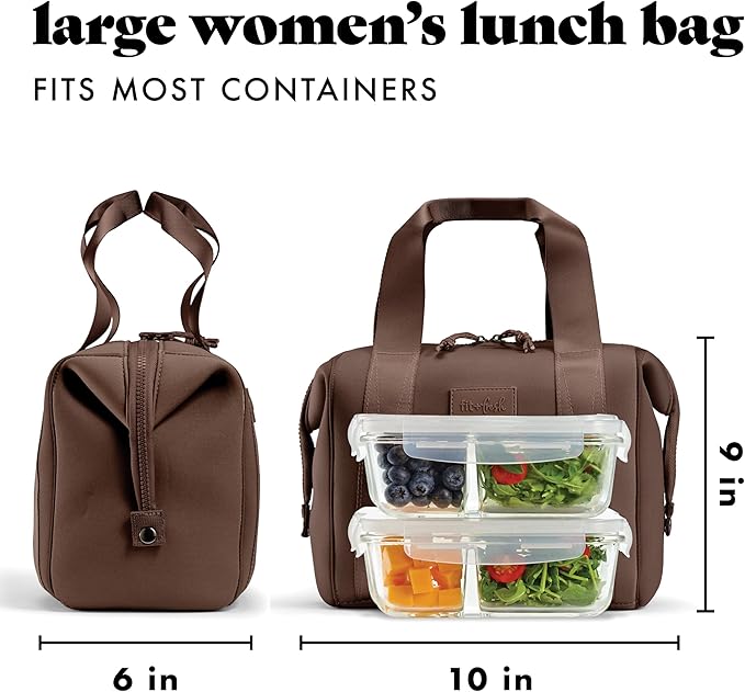Fit & Fresh Remi Lunch Bag for Women Work – Neoprene Lunch Tote with Containers & Ice Pack, Reusable Meal Prep Lunch Box, Large Capacity, Machine Washable, Chocolate