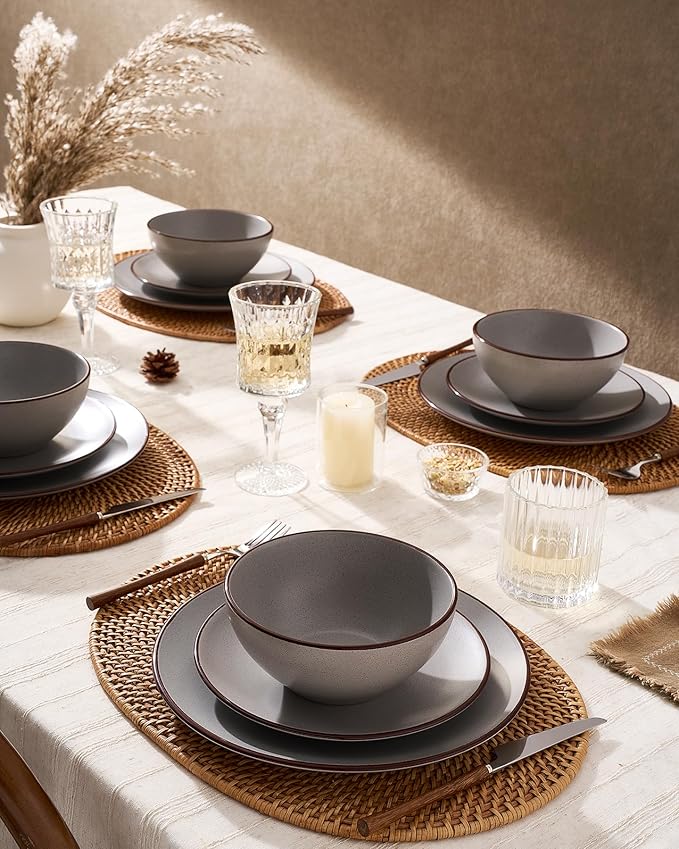 Famiware Venus Plates and Bowls Sets with Trim, 18 Pieces Speckled Stoneware Dinnerware Set for 6, Matte Dark Gray - Modern Minimalist, Microwave & Dishwasher Safe Dishes for Everyday & Formal Dining