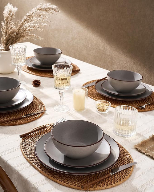 Famiware Venus Plates and Bowls Sets with Trim, 18 Pieces Speckled Stoneware Dinnerware Set for 6, Matte Dark Gray - Modern Minimalist, Microwave & Dishwasher Safe Dishes for Everyday & Formal Dining