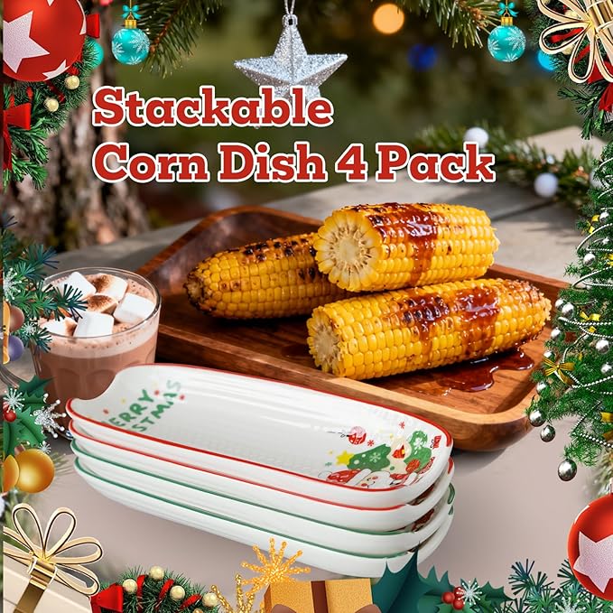 Cinf Ceramic Corn Cob Holders 8.8" Corn Dishes Set of 4, Xmas Dishes Non-slip Bottom Christmas Gifts Microwave Dishwasher Oven Safe (Xmas)