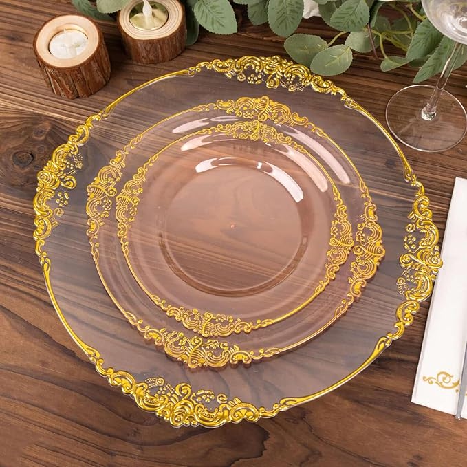 Efavormart 10 Pack | 8" Translucent Blush and Gold Baroque Dessert Plates, Leaf Embossed Metallic Rim Shatterproof Appetizer Plates for Spring Showers