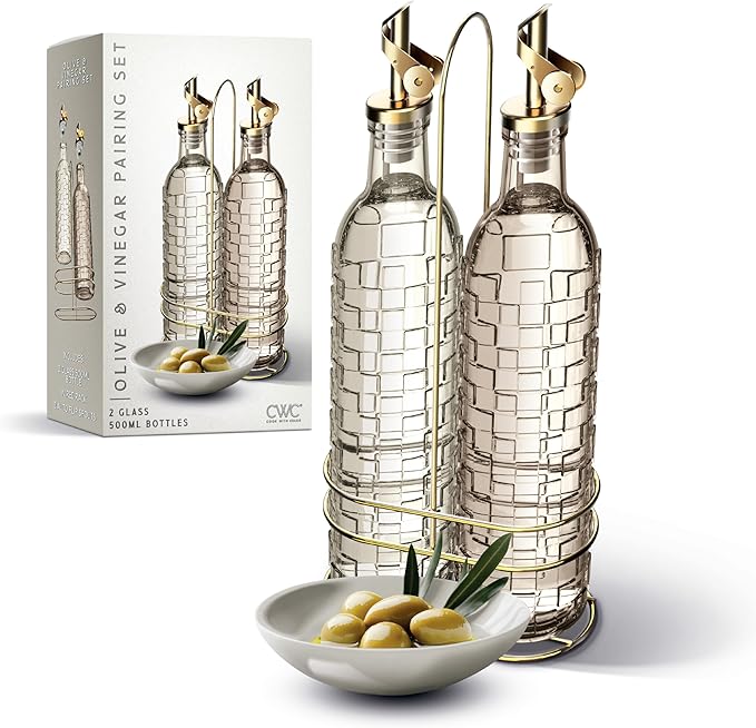 COOK WITH COLOR Glass Olive Oil Bottle Dispenser - 2 Pack- 17oz Oil and Vinegar Cruet - Olive Oil Carafe Decanter for Kitchen, Checkered, Brown