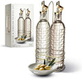 COOK WITH COLOR Glass Olive Oil Bottle Dispenser - 2 Pack- 17oz Oil and Vinegar Cruet - Olive Oil Carafe Decanter for Kitchen, Checkered, Brown